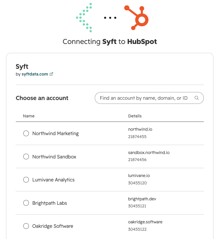 HubSpot account picker for connecting Syft