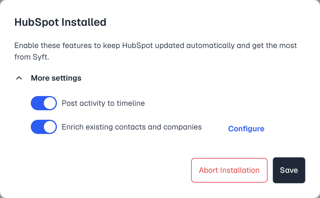HubSpot Installed dialog in Syft with sync options