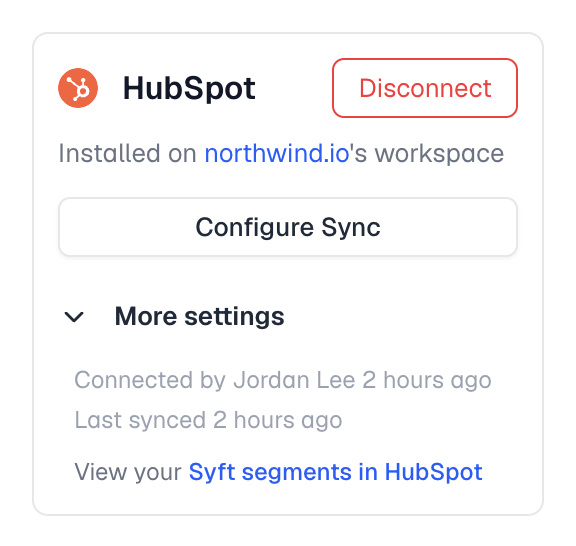 HubSpot card on the Syft Integrations page with a Disconnect button