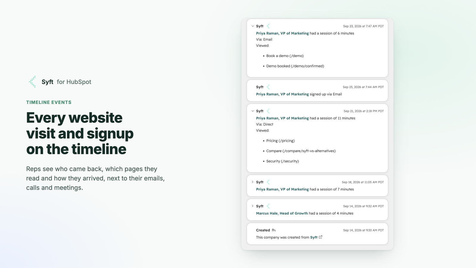 Syft website visit events on a HubSpot timeline