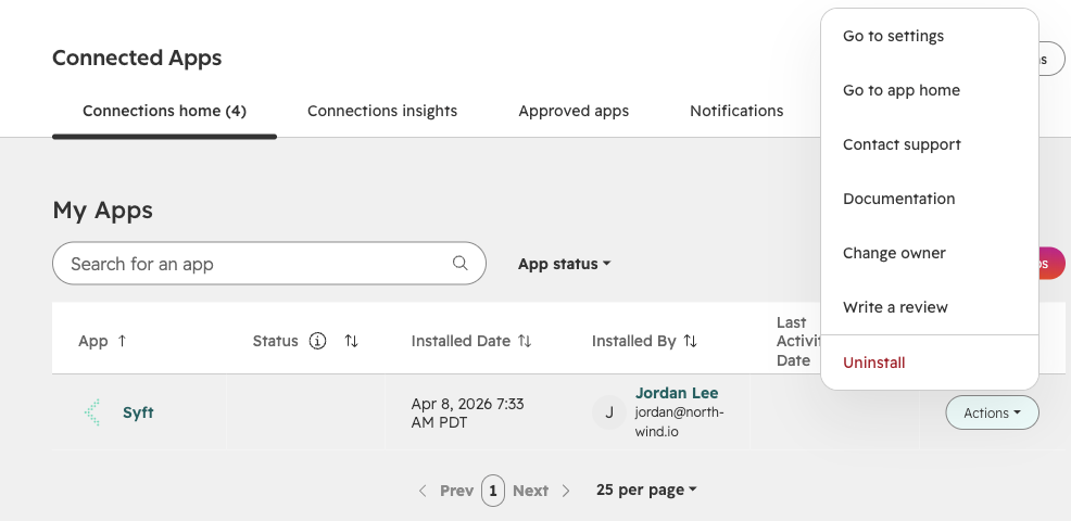 HubSpot Connected Apps page with the Uninstall action for Syft
